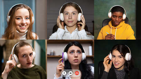 Team working by group video call share ideas brainstorming use video conference. PC screen view with...