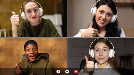 Team working by group video call share ideas brainstorming use video conference. PC screen view with...