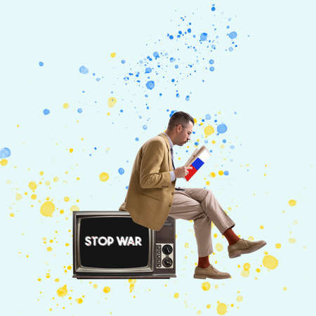 Contemporary art collage. Man sitting on retro TV set that claims to stop the war. Reading fake news from newspaperの写真素材