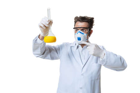 Young chemist, doctor wearing white gown, face mask and gloves conducts chemical research isolated...