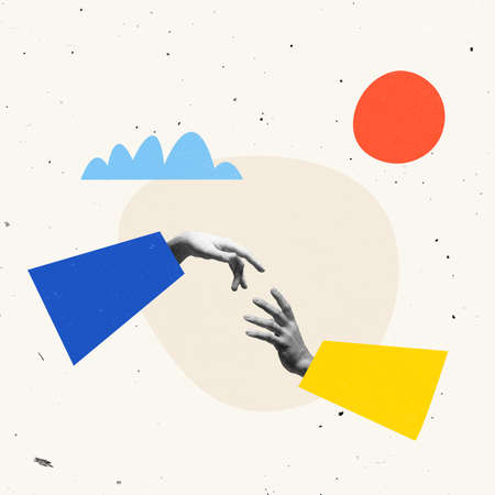 Conceptual image. Hands reaching each other symbolizing unity of ukrainian peopleの写真素材