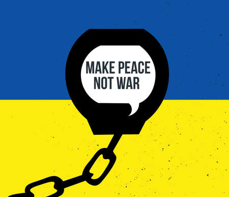Contemporary art collage. Handcuffs with no war lettering inside isolated over blue and yellow ukrainian flag backgroundの写真素材