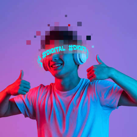 Contemporary art. Young smiling man with pixel head elements listening to music in headphones...
