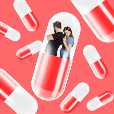 Contemporary art collage. Man and woman standing inside giant pills symbolizing family problems. Relationshipsの写真素材