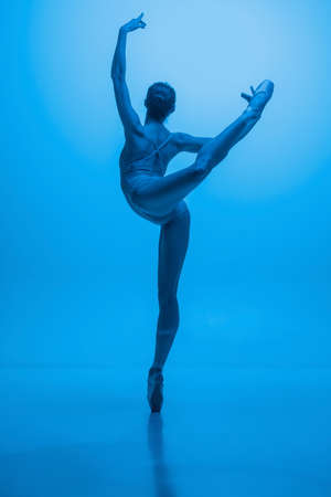 Back view of young and graceful ballet dancer isolated on blue studio background in neon light. Art, motion, action, flexibility, inspiration concept.の写真素材