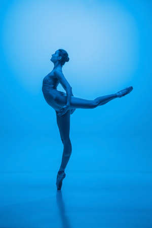 Grace. Young and graceful ballet dancer isolated on blue studio background in neon light. Art, flexibility, inspiration concept.の写真素材