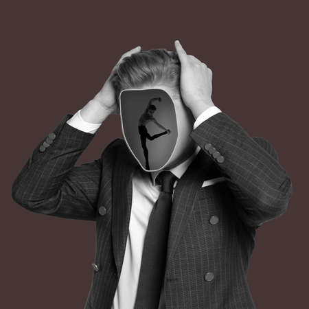 Contemporary art collage with bw portrait of business man with silhouette of ballet dancer instead his face. Concept of mental health, dreams, diversity, inner worldの写真素材