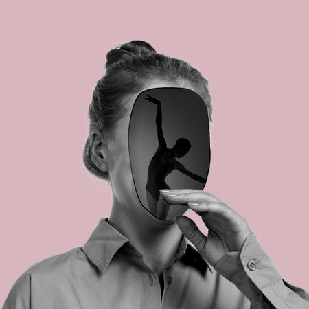 Contemporary art collage with bw portrait of young girl with silhouette of ballet dancer instead her face. Concept of mental health, social issues, diversity, inner worldの写真素材