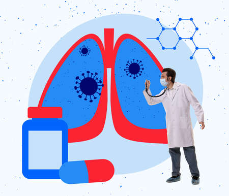 Young doctor doing a lung examination. Contemporary creative art collage. Concept of pharmacy,...