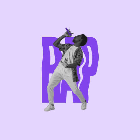 Collage. Stylish african man singing, giving rap concert isolated over light purple backgroundの写真素材