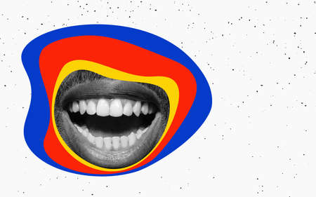 Colorful design. Lips and healthy white smile of african man peeks throught multicolored circles in...