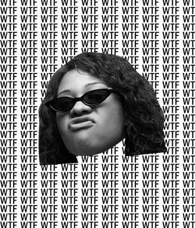 Creative design. Emotive woman making funny face isolated over black and white background with letteringの写真素材