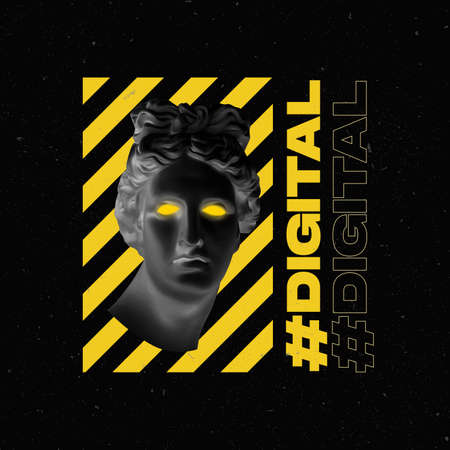 Contemporary art collage. Antique statue head with neon design isolated over black backgroundの写真素材