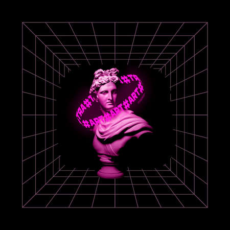 Contemporary art collage. Antique statue bust with lettering around isolated over black background in pink neonの写真素材