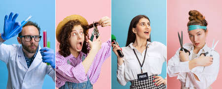 Collage. Portraits of young people in image of chemist, gardener, journalist and seamstress isolated...