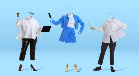 Three stylish invisible persons wearing modern business style outfits and eyeglasses standing...
