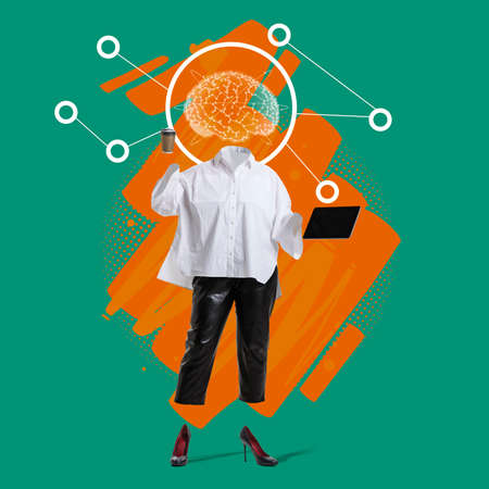 Contemporary art collage. Stylish businesswoman silhouette working on project isolated over green background. Digital brain schemeの写真素材