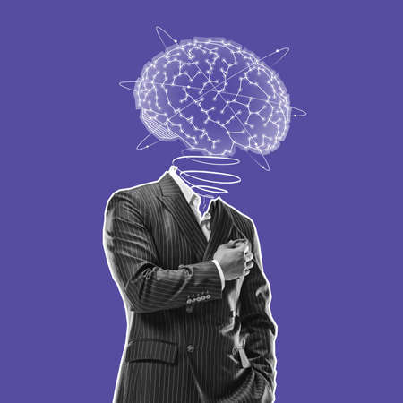 Contemporary art collage. Silhouette of businessman in stylish suit with digital brain scheme isolated over purple backgroundの写真素材