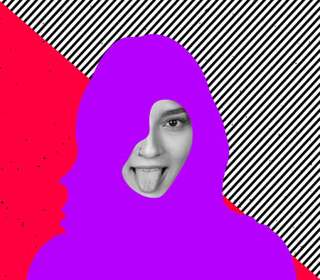 Contemporary art collage. Young cheerful woman with tongue sticking out, smiling isolated over multicolored backgroundの写真素材