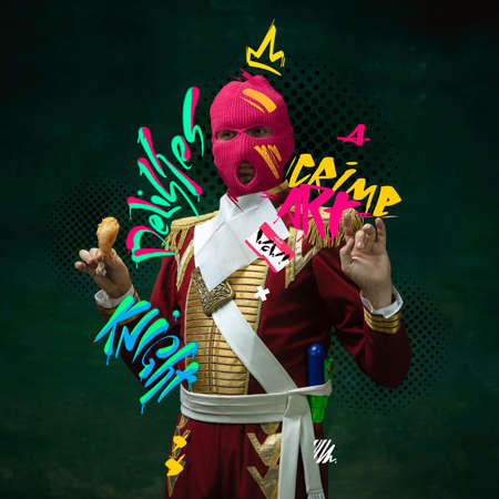 Contemporary art collage. Royal person, hussar in balaclava eating fried chicken leg isolated over...