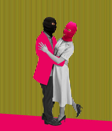 Contemporary art collage. Loving couple in retro costumes with balaclavas dancing isolated over colorful backgroundの写真素材