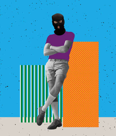 Contemporary art collage. Brutal man with drawn cloth element wearing black balaclava, posing isolated over blue backgroundの写真素材