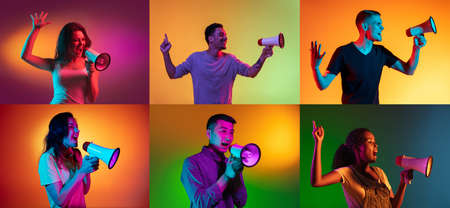 Set of closeup portraits of young excited multiethnic people shouting in megaphone on multicolored...