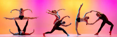 Two dancers, stylish sportive couple, male and female models dancing contemporary dance on colorful gradient yellow pink background in neon light.の写真素材