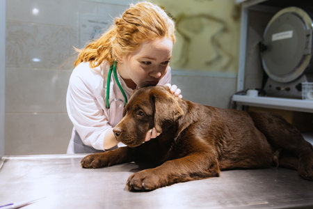 On examination by a vet doctor. Young beautiful woman, veterinary examines chocolate labrador at vet clinic, indoors. Modern medicine, pet care, healthy lifestyle, care concept.の写真素材