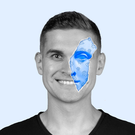 Contemporary artwork with portrait of happy man with effect of torn skin and insertion of part of face of plaster statue. Surrealism, torn personality conceptの写真素材