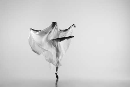 Black and white portrait of graceful ballerina dancing with fabric, cloth isolated on grey studio background. Grace, art, beauty concept. Weightless, flexible.の写真素材