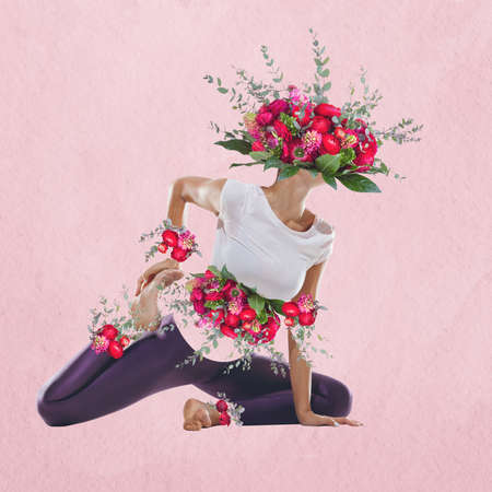Contemporary art collage. Beautiful flowers instead head of female body on light summer background. Concept of summertime, vacation, resort, mood, beauty, artの写真素材