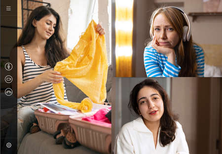 Three women, relatives having online video call, discussing moving. Online remote communication