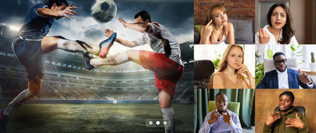 Collage. Emotive young people, man and woman watching football translation at home, cheering up the team. Discussing championshipの写真素材