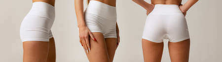 Set of cropped images of sportive female buttocks in cotton white shorts isolated over gray background. Anti-cellulite care conceptの写真素材