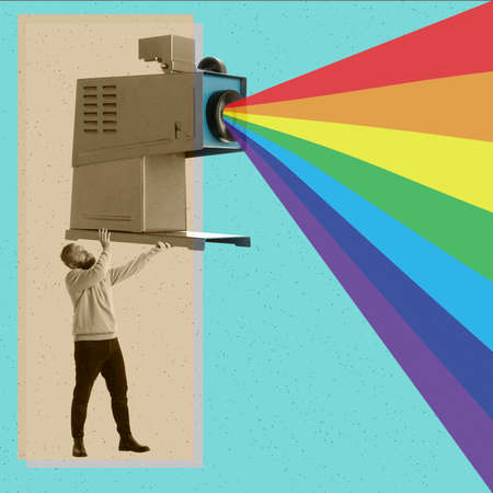 Contemporary art collage. Man holding giant retro video player translating rainbow path symbolizing LGBT supportの写真素材