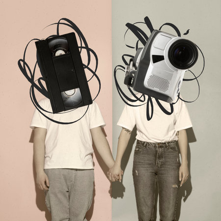 Contemporary art collage. Couple with retro video cassette and video player holding hands. Art loversの写真素材