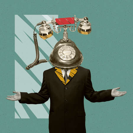 Contemporary art collage. Man in a suit with retro phone head isolated over green backgroundの写真素材
