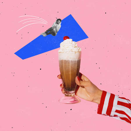 Contemporary art collage. Young woman jumping into delicious irish coffee cocktail isolated over...