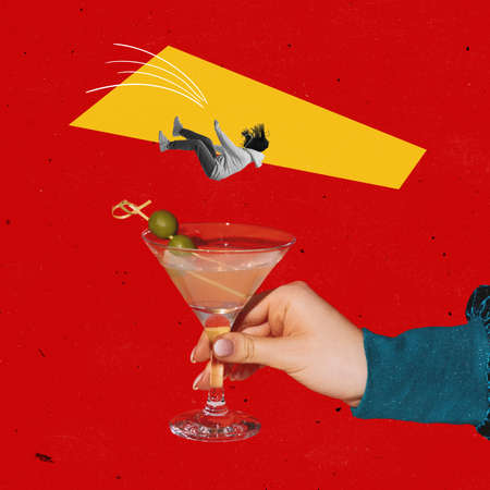 Contemporary art collage. Woman falling down into martini glass with olives isolated over bright red...