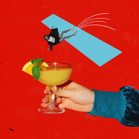 Contemporary art collage. Woman falling down into screwdriver cocktail isolated over bright red background. Concept of alcoholic taste.の写真素材