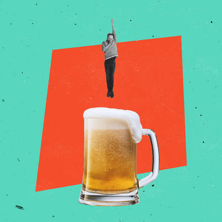 Contemporary art collage. Man jumping into giant glass of lager foamy beer isolated over green and red background.の写真素材
