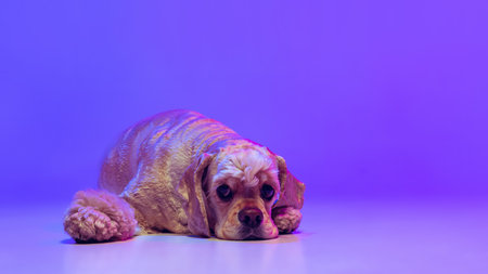 Portrait of golden color purebred dog, Cocker Spaniel posing isolated on purple studio background in neon light. Concept of motion, pets love, animal life, vet.の写真素材