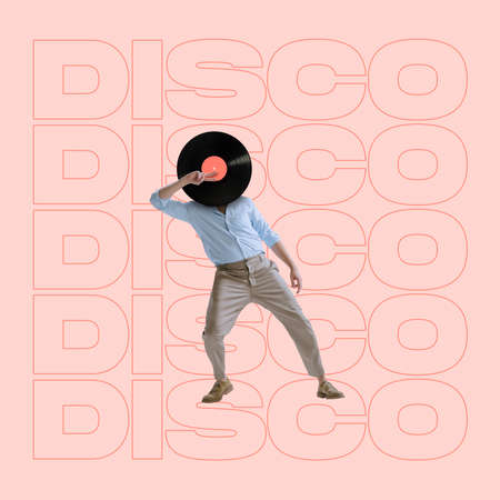 Contemporary art collage. Stylish man wwith retro vinyl record danicng isolated over light peach...