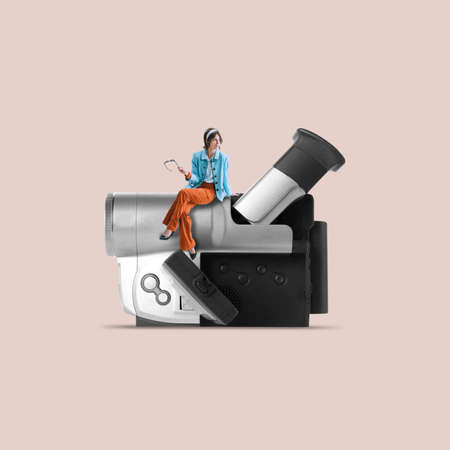 Contemporary art collage. Young stylish woman sitting on retro camera device isolated over light...