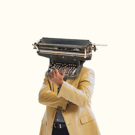 Contemporary art collage. Man in stylish jacket with retro typewriter isolated over yellow backgroundの写真素材