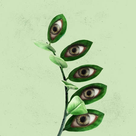 Contemporary art collage with flowers with an eyes inside it on light background. Modern design. Creative conceptual and colorful poster. Beauty, art, visionの写真素材