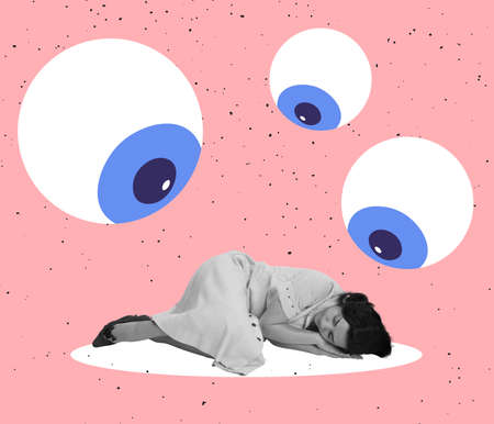 Contemporary art collage. Desperate sad woman lying under many eyes making pressure on her isolated over pink backgroundの写真素材