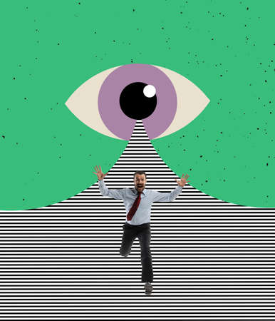 Contemporary art collage. Businessman running from influence isolated over green background.の写真素材