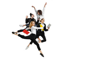 Flyer with excited men and women wearing business outfits jumping, running isolated on white...